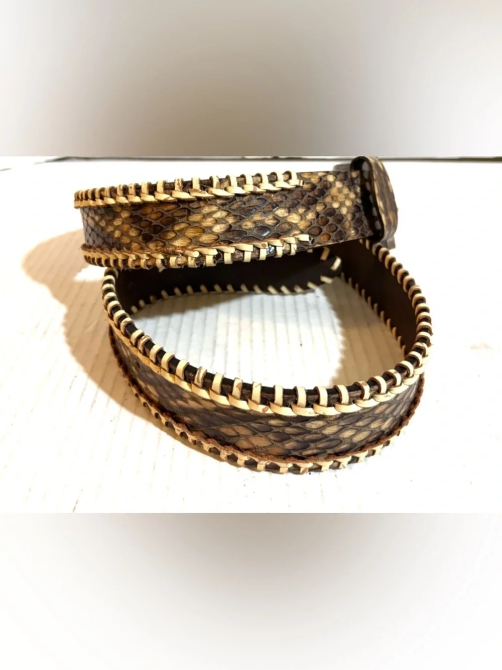 Men's unisex Brown snake skin leather Leather Belt with Contrast Stitching